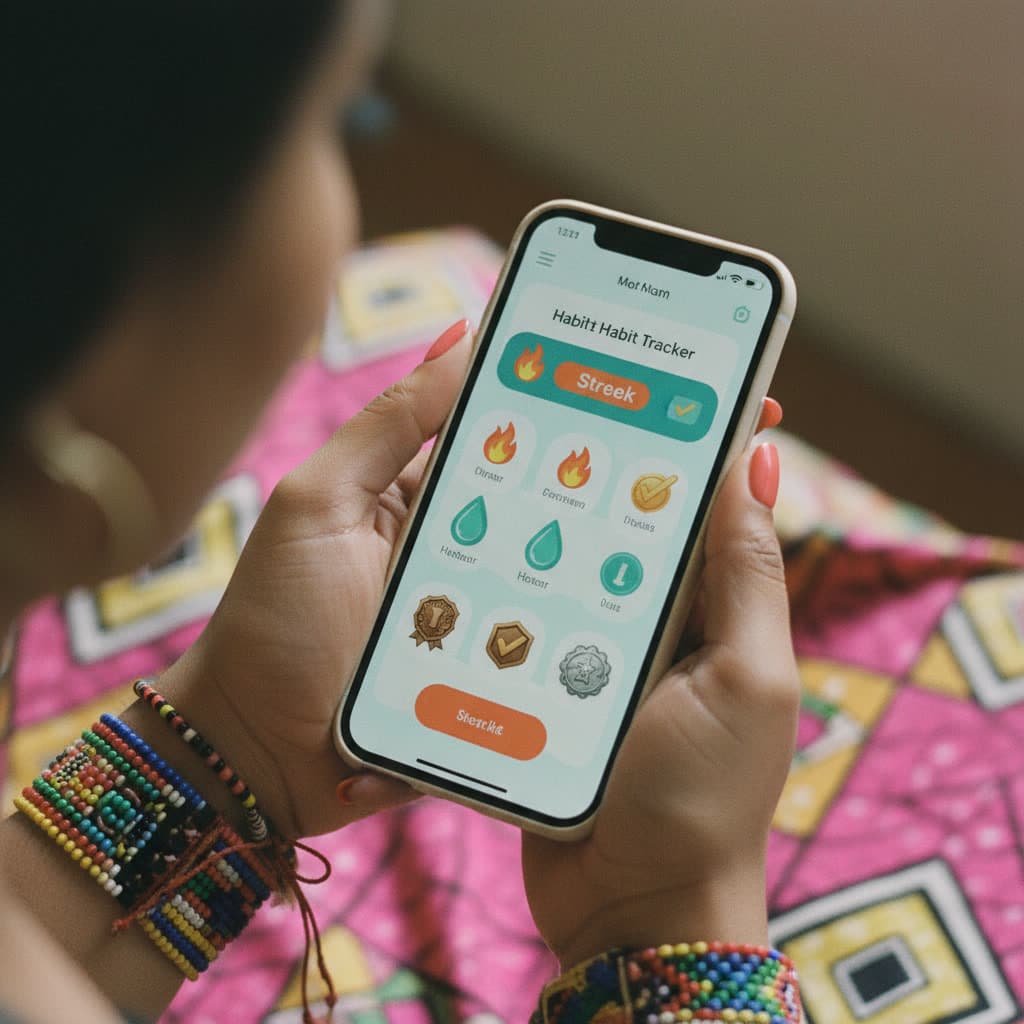 Gamified habit tracking interface with streaks and achievements